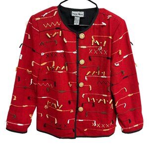Indigo Moon Embellished Sz Medium Button Front Cardigan Jacket Red Embroidered